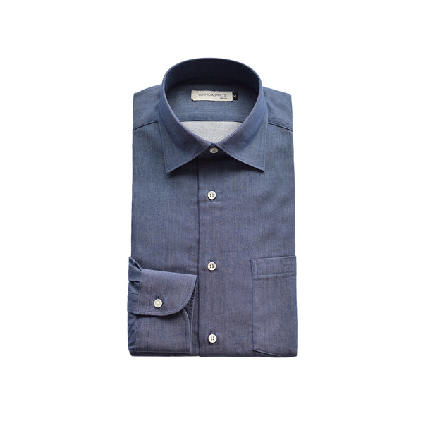 【日本製】 デニムシャツ メンズ 長袖 ビジネス ワイシャツ 無地 セミワイドカラー ネイビー(SNFG24-086-na)